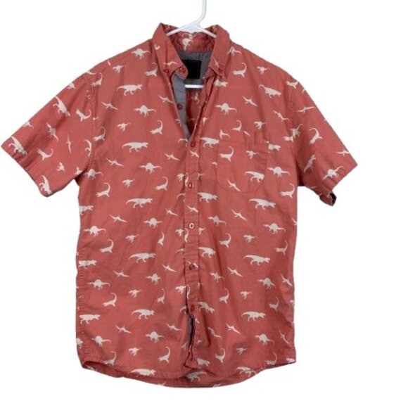 Creative Destruction Men’s Coral AOP Dinosaur Print Button Down Shirt Sz Medium - Picture 1 of 7